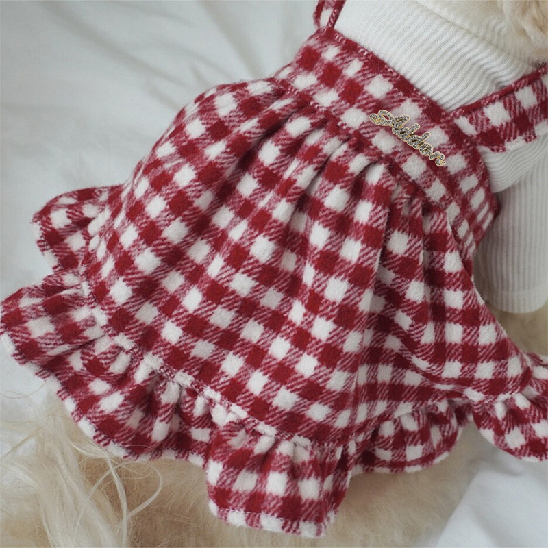 Rochie pentru câini cu carouri și funda, colecție toamnă-iarnă, din amestec de bumbac, stil drăguț, model PET-DMGD407C