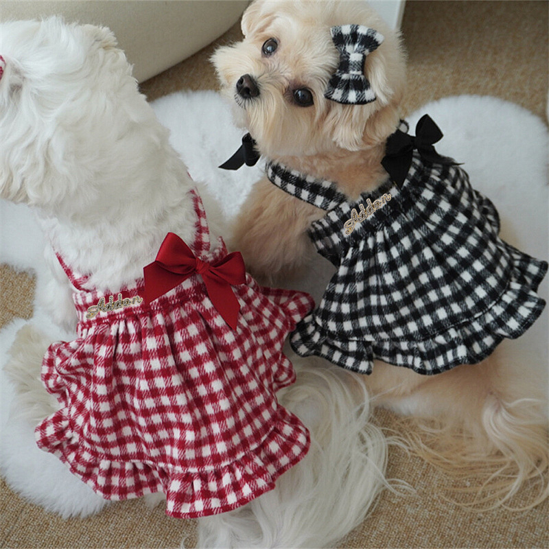 Rochie pentru câini cu carouri și funda, colecție toamnă-iarnă, din amestec de bumbac, stil drăguț, model PET-DMGD407C