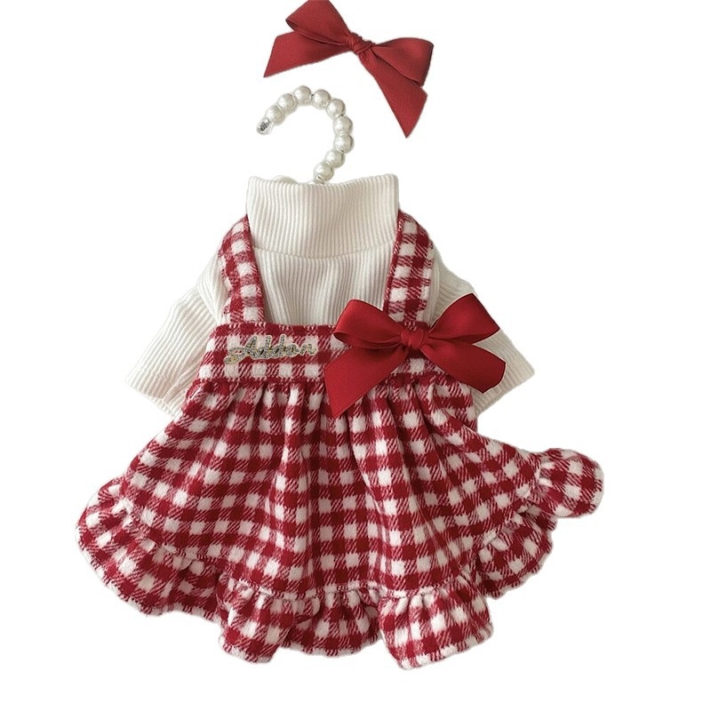 Rochie pentru câini cu carouri și funda, colecție toamnă-iarnă, din amestec de bumbac, stil drăguț, model PET-DMGD407C