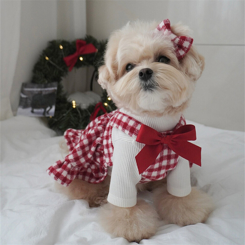 Rochie pentru câini cu carouri și funda, colecție toamnă-iarnă, din amestec de bumbac, stil drăguț, model PET-DMGD407C