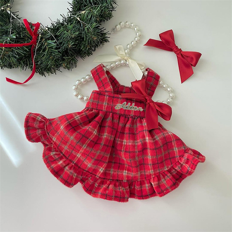 Rochie pentru câini cu carouri și funda, colecție toamnă-iarnă, din amestec de bumbac, stil drăguț, model PET-DMGD407C