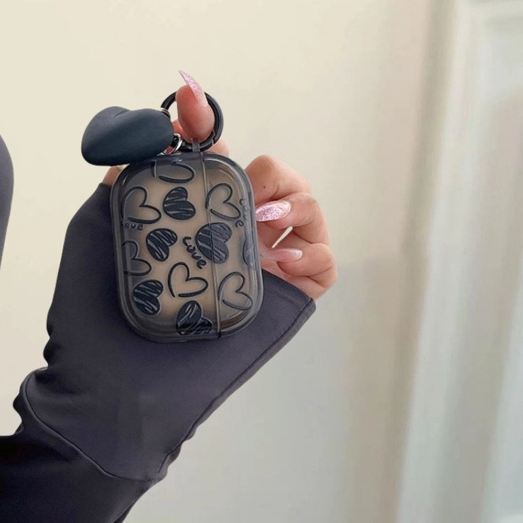 Черен сърцевиден калъф за AirPods Pro 2, прозрачен черен, пълно покритие за 3-то и 4-то поколение