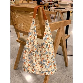 Geantă Tote din pânză cu design floral artistic, formă verticală pătrată, deschidere deschisă, stil proaspăt și dulce, două curele de umăr