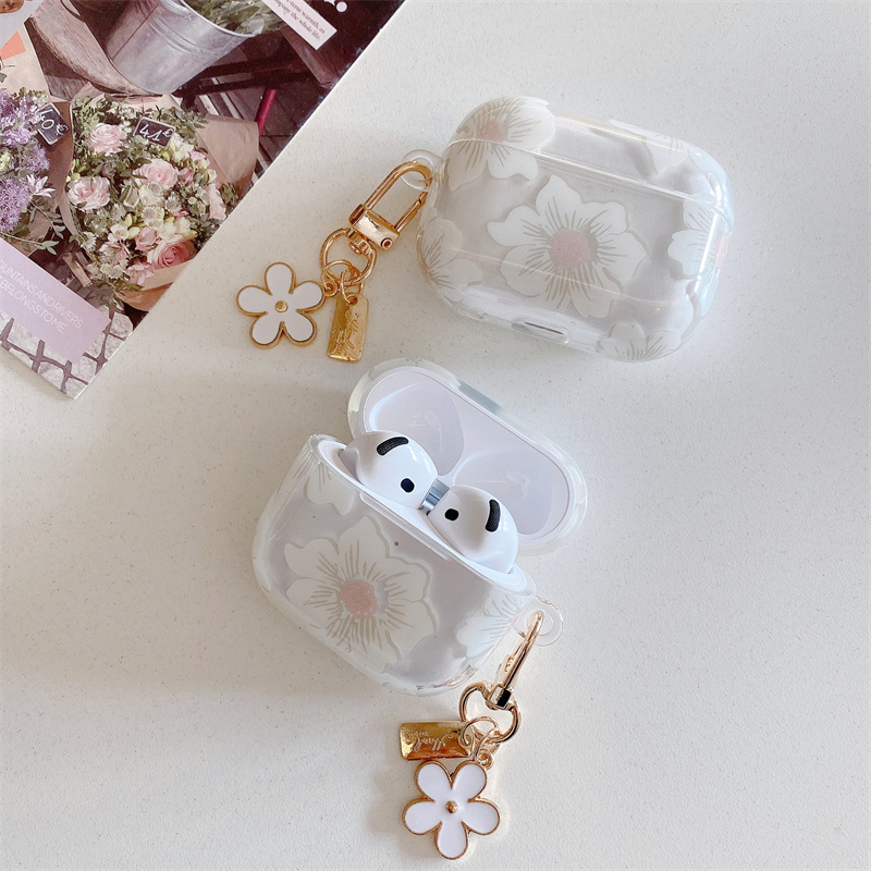 Carcasă de protecție pentru AirPods Pro cu motif koreane cu flori strălucitoare, material TPU, husă moale, design cartoon, turnare prin injecție, compatibilă cu AirPods Pro Generația 2, 3 și 4