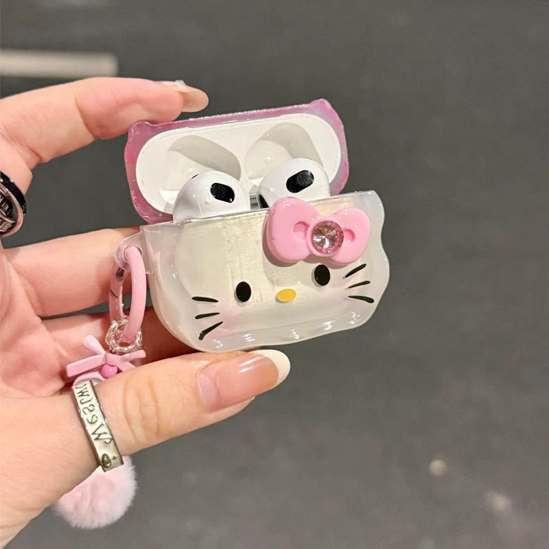 Obal na AirPods - Cartoon mačiatko s mašličkou, TPU, gravírovanie, prenášať, prispôsobiteľný, kompatibilný s Apple