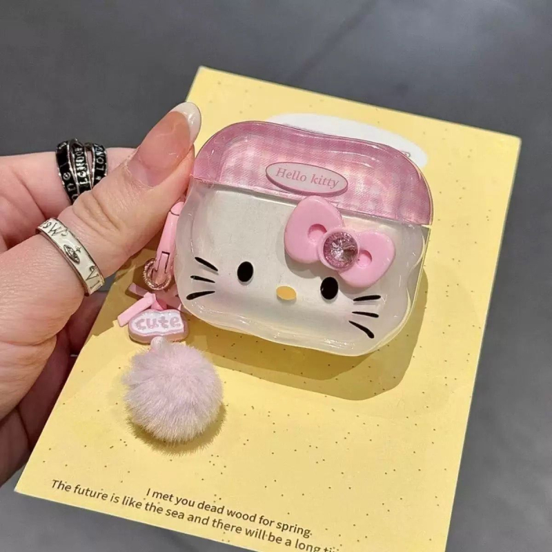 Obal na AirPods - Cartoon mačiatko s mašličkou, TPU, gravírovanie, prenášať, prispôsobiteľný, kompatibilný s Apple