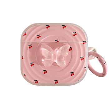 Inel de agățare roz pentru husă AirPods Pro 2, fluture 3D, TPU, semi-transparent, stil IN