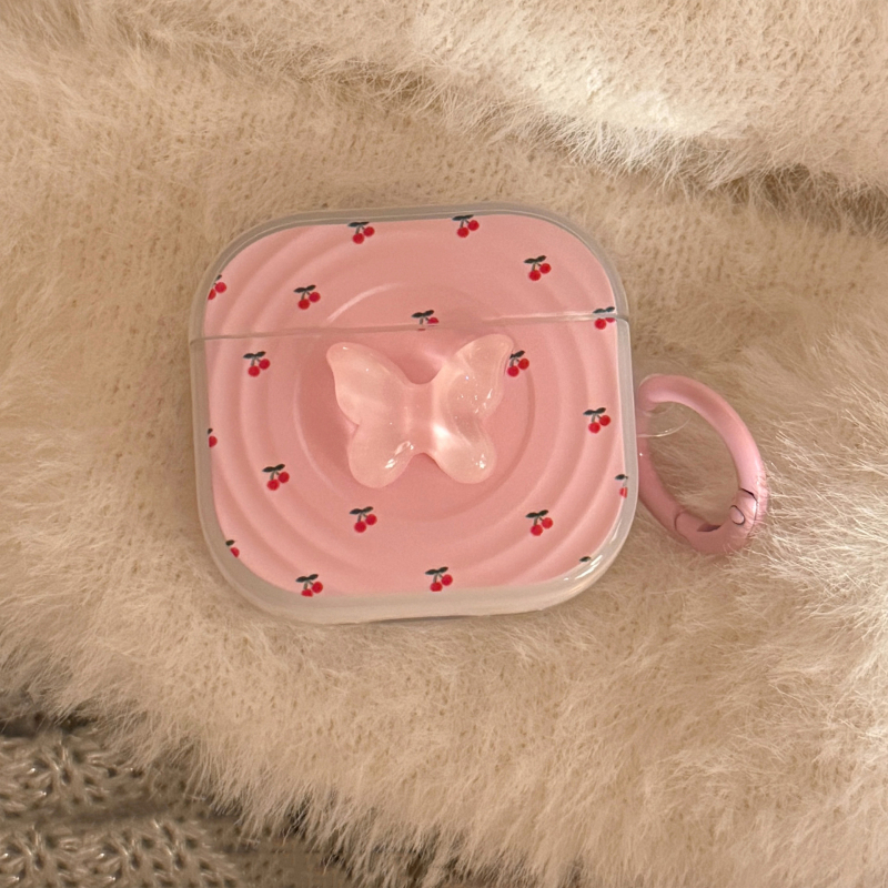 Inel de agățare roz pentru husă AirPods Pro 2, fluture 3D, TPU, semi-transparent, stil IN