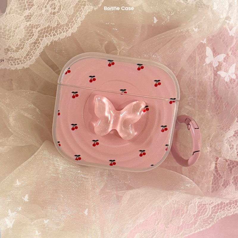 Inel de agățare roz pentru husă AirPods Pro 2, fluture 3D, TPU, semi-transparent, stil IN