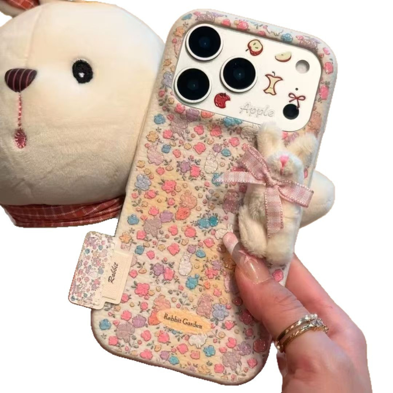 Carcasă pentru telefon Xiaomi cu iepuraș pluș floral mic și etichetă; textură reliefată, material moale din silicon, protecție împotriva căderilor
