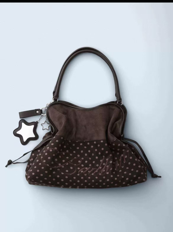 Kötött leopard mintás tote táska csillag alakú tükörmedállal, hengeres cipzáras táska, Mix and Match stílus, belső műbőr bélés