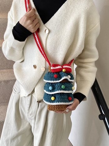 Geantă de peste umăr pentru femei, croșetată manual din lână, stil stradal, formă vertical pătrată, buzunar pentru telefon, curea single
