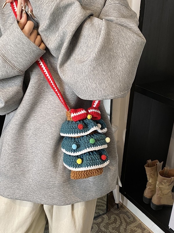 Geantă de peste umăr pentru femei, croșetată manual din lână, stil stradal, formă vertical pătrată, buzunar pentru telefon, curea single
