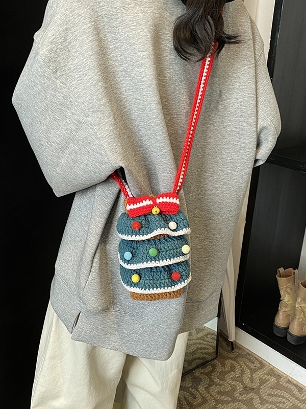 Geantă de peste umăr pentru femei, croșetată manual din lână, stil stradal, formă vertical pătrată, buzunar pentru telefon, curea single