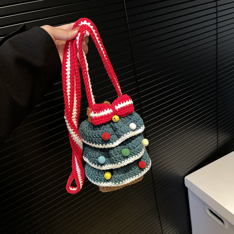 Geantă de peste umăr pentru femei, croșetată manual din lână, stil stradal, formă vertical pătrată, buzunar pentru telefon, curea single