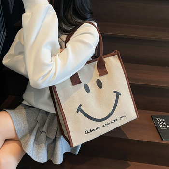 Geantă din canvas pentru femei, stil Tote, capacitate mare, motiv pisică desen animat, închidere cu fermoar.