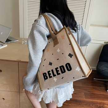 Geantă din canvas pentru femei, stil Tote, capacitate mare, motiv pisică desen animat, închidere cu fermoar.