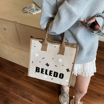 Geantă din canvas pentru femei, stil Tote, capacitate mare, motiv pisică desen animat, închidere cu fermoar.