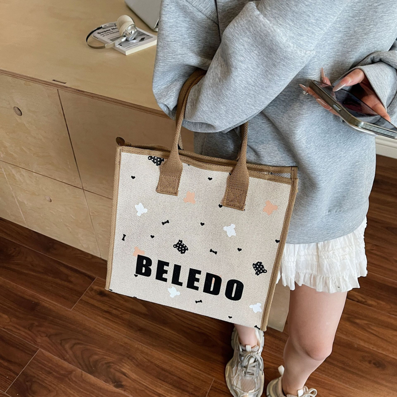 Geantă din canvas pentru femei, stil Tote, capacitate mare, motiv pisică desen animat, închidere cu fermoar.