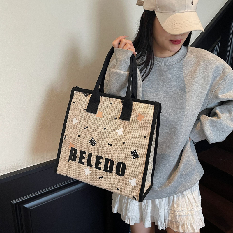 Geantă din canvas pentru femei, stil Tote, capacitate mare, motiv pisică desen animat, închidere cu fermoar.