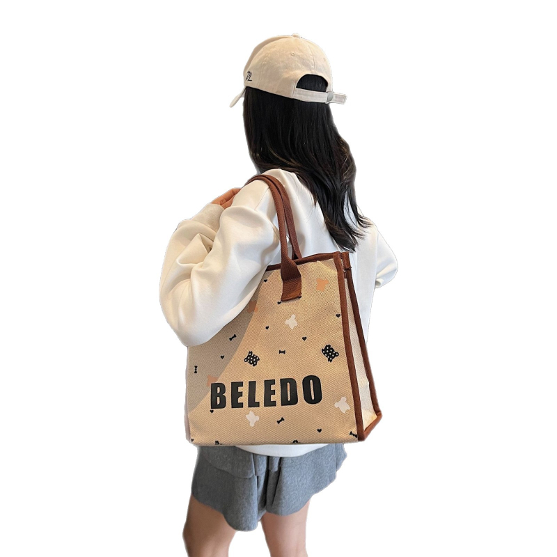 Geantă din canvas pentru femei, stil Tote, capacitate mare, motiv pisică desen animat, închidere cu fermoar.