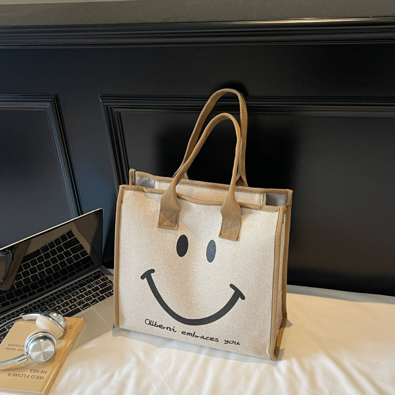 Geantă din canvas pentru femei, stil Tote, capacitate mare, motiv pisică desen animat, închidere cu fermoar.