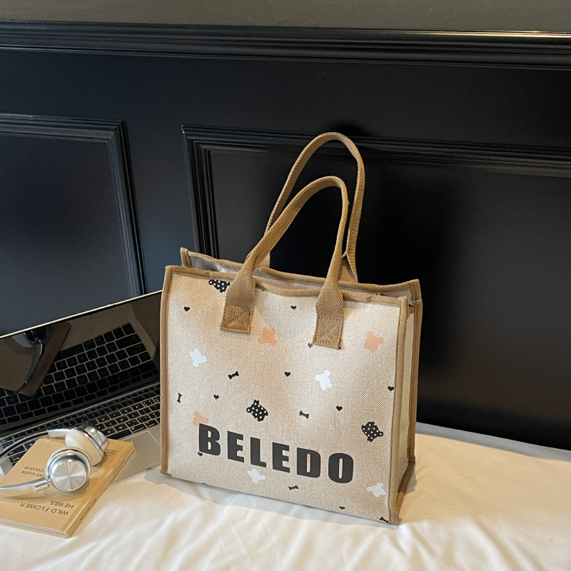 Geantă din canvas pentru femei, stil Tote, capacitate mare, motiv pisică desen animat, închidere cu fermoar.