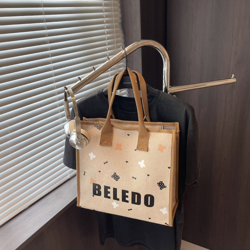 Geantă din canvas pentru femei, stil Tote, capacitate mare, motiv pisică desen animat, închidere cu fermoar.