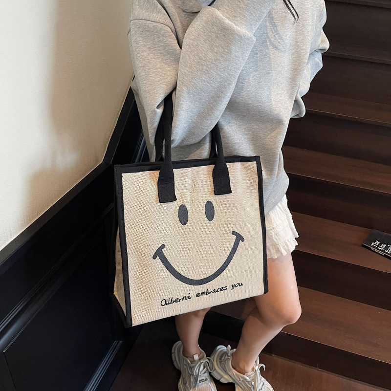 Geantă din canvas pentru femei, stil Tote, capacitate mare, motiv pisică desen animat, închidere cu fermoar.