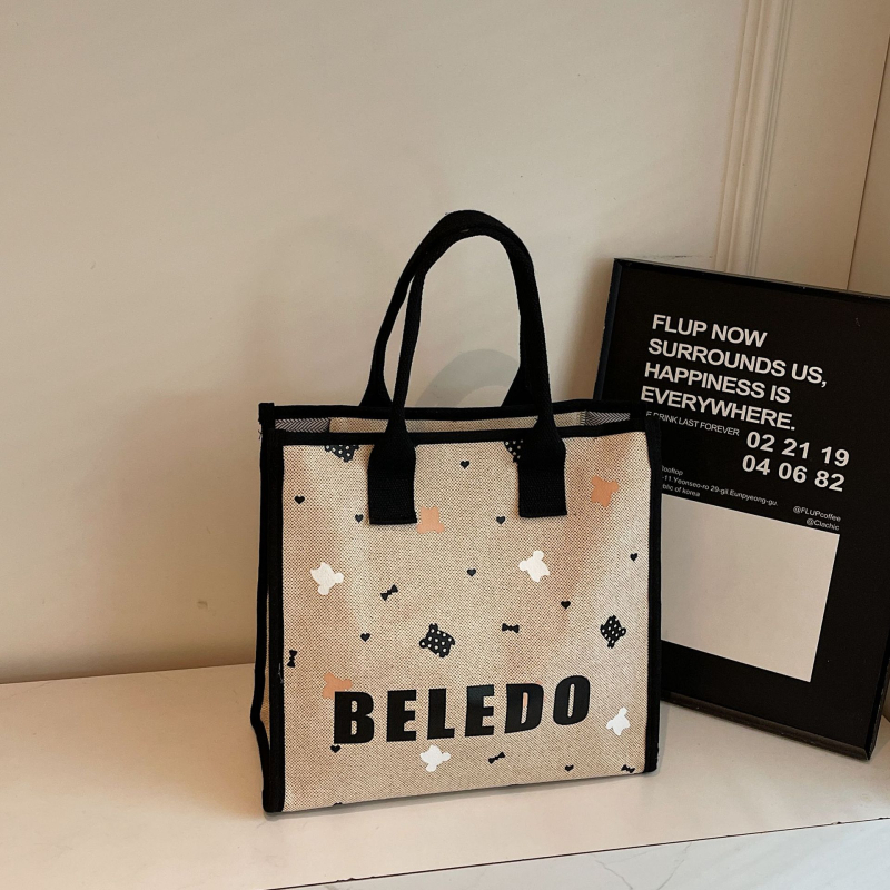 Geantă din canvas pentru femei, stil Tote, capacitate mare, motiv pisică desen animat, închidere cu fermoar.