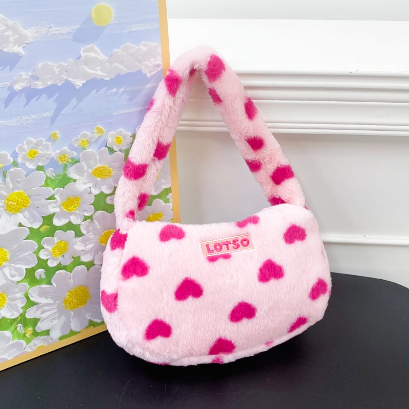 Geantă de umăr din pluș Strawberry Bear, formă ovală, închidere cu fermoar, buzunare pentru telefon și ID