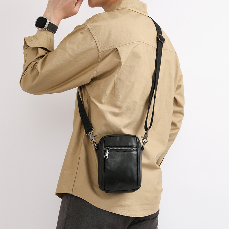 Geantă crossbody din piele naturală pentru bărbați — piele de vițel din primul strat, fermoar, formă verticală pătrată, stil business pentru telefon mobil