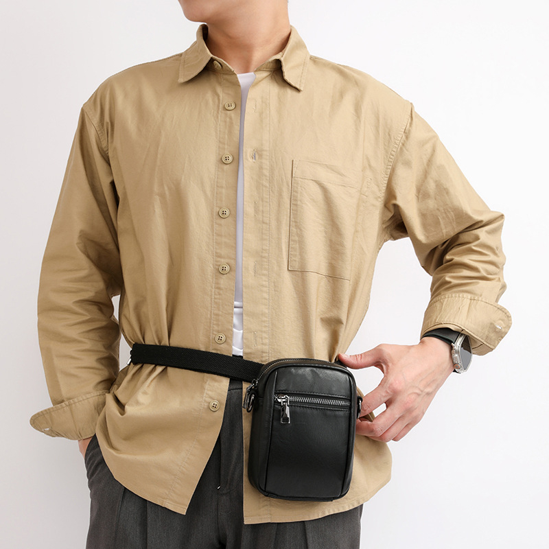 Geantă crossbody din piele naturală pentru bărbați — piele de vițel din primul strat, fermoar, formă verticală pătrată, stil business pentru telefon mobil