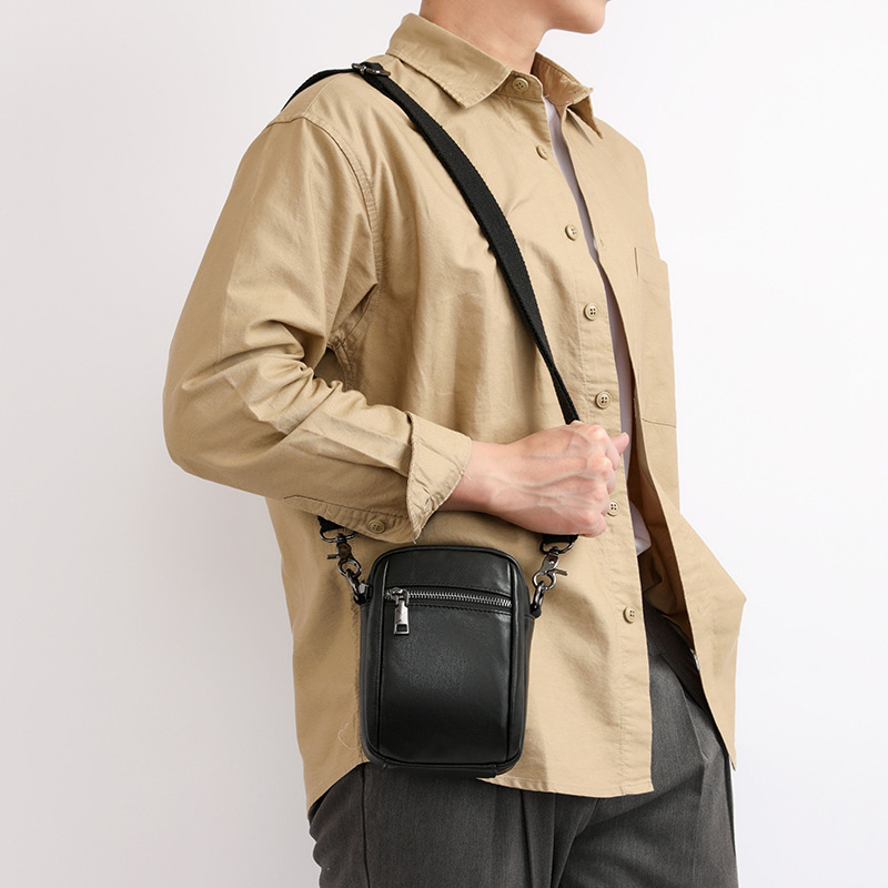 Geantă crossbody din piele naturală pentru bărbați — piele de vițel din primul strat, fermoar, formă verticală pătrată, stil business pentru telefon mobil