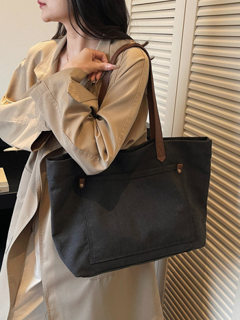 Geantă Tote din canvas pentru femei — fără căptușeală, formă orizontală pătrată, închidere cu snap, buzunar pentru telefon și buzunar interior
