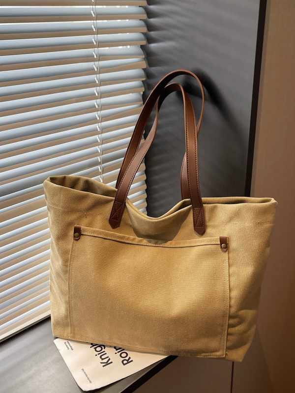 Geantă Tote din canvas pentru femei — fără căptușeală, formă orizontală pătrată, închidere cu snap, buzunar pentru telefon și buzunar interior