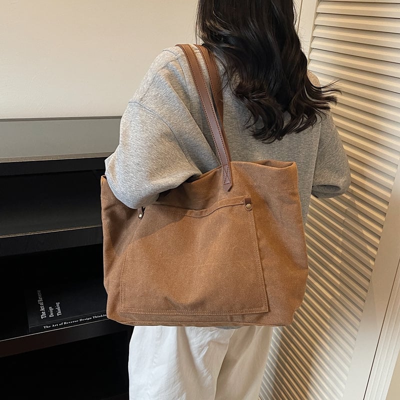 Geantă Tote din canvas pentru femei — fără căptușeală, formă orizontală pătrată, închidere cu snap, buzunar pentru telefon și buzunar interior