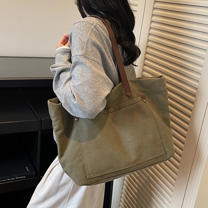 Geantă Tote din canvas pentru femei — fără căptușeală, formă orizontală pătrată, închidere cu snap, buzunar pentru telefon și buzunar interior