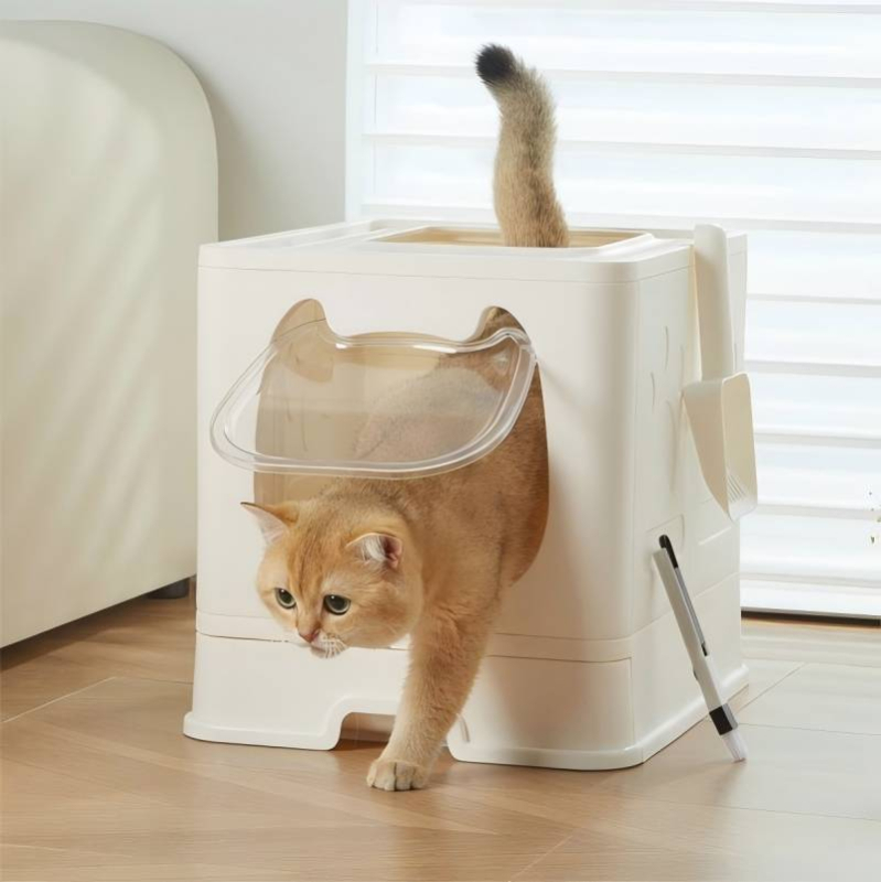 Toaletă pentru pisici complet închisă cu sertar, pliabilă, ușor de curățat, anti-miros și anti-scurgere