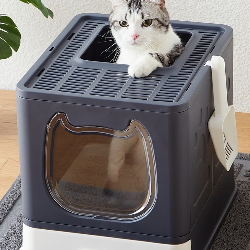 Toaletă pentru pisici complet închisă cu sertar, pliabilă, ușor de curățat, anti-miros și anti-scurgere