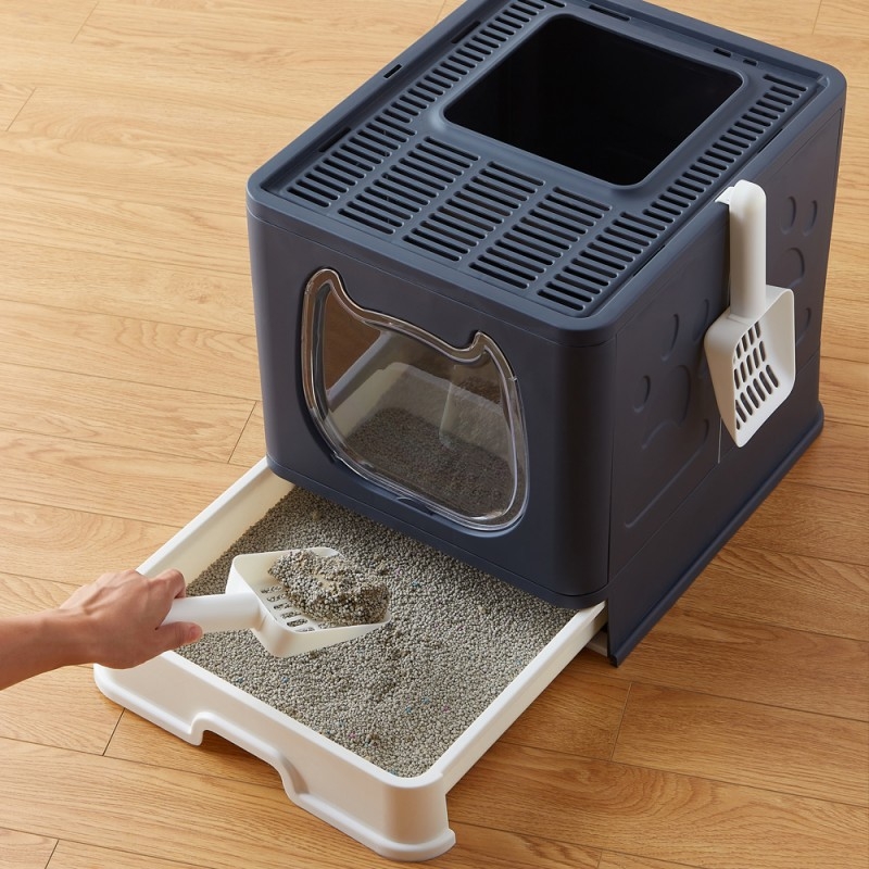 Toaletă pentru pisici complet închisă cu sertar, pliabilă, ușor de curățat, anti-miros și anti-scurgere
