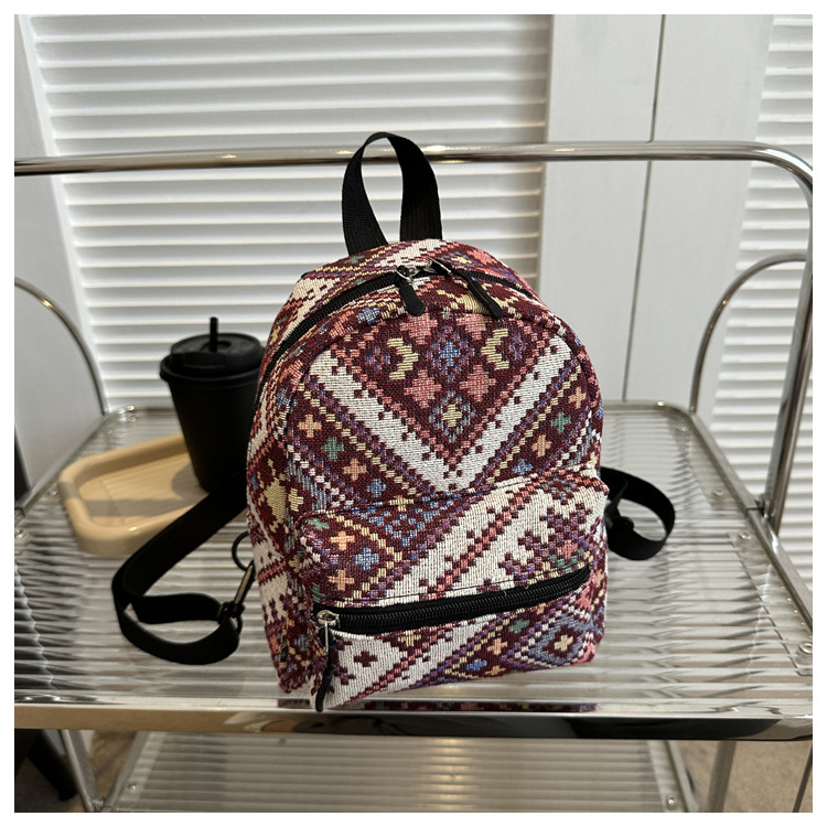 Ženský retro štýlový batoh so špeciálnym materiálom, plátená podšívka, vertikálny štvorcový tvar, zapínanie na zips, dvojité ramenné popruhy