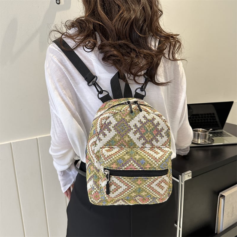 Ženský retro štýlový batoh so špeciálnym materiálom, plátená podšívka, vertikálny štvorcový tvar, zapínanie na zips, dvojité ramenné popruhy