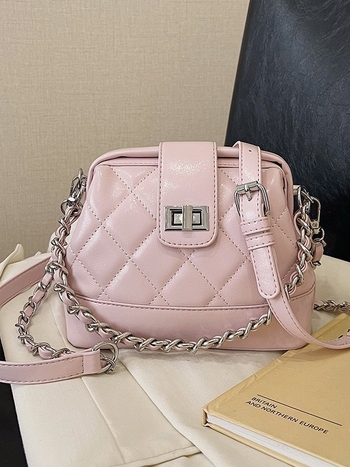 Geantă PU de tip shell cu lanț – formă orizontală pătrată, curea crossbody, închidere cu lacăt, buzunar interior cu fermoar și buzunar ID, pentru uz zilnic