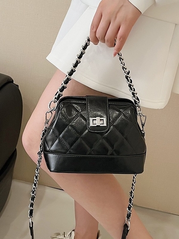 Geantă PU de tip shell cu lanț – formă orizontală pătrată, curea crossbody, închidere cu lacăt, buzunar interior cu fermoar și buzunar ID, pentru uz zilnic