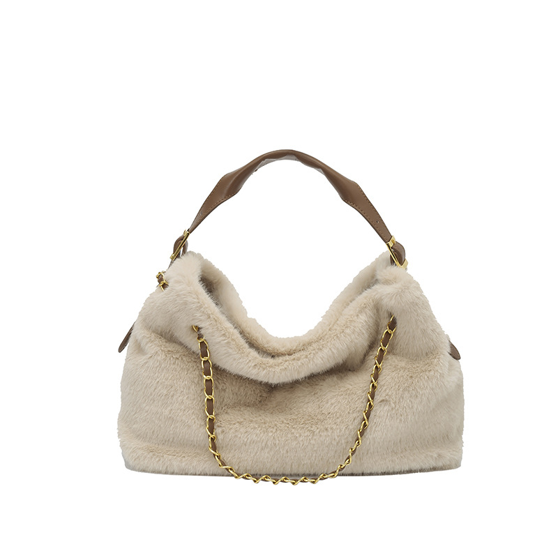 Geantă de umăr din pluș, stil urban, cu curea crossbody — formă orizontală pătrată, închidere magnetică, Toamnă 2025