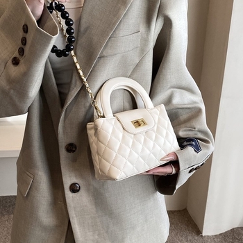 Geantă de mână quiltată cu lanț, din PU, formă orizontală pătrată, închidere cu fermoar, căptușeală poliester, buzunar pentru telefon