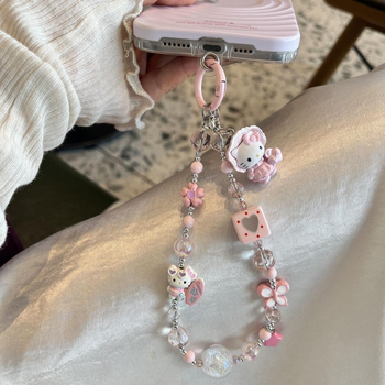 Lanier pentru telefon cu mărgele în formă de pisicuță și pandantiv CCD, șnur pentru încheietură, ornament pentru geantă — semi-manual, plastic/rășină, vara 2025