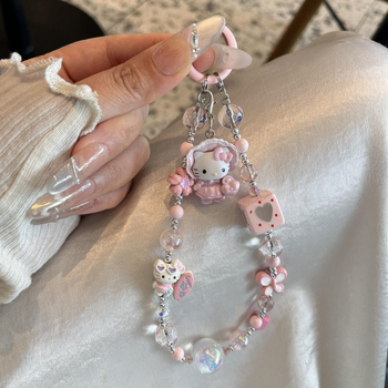 Lanier pentru telefon cu mărgele în formă de pisicuță și pandantiv CCD, șnur pentru încheietură, ornament pentru geantă — semi-manual, plastic/rășină, vara 2025