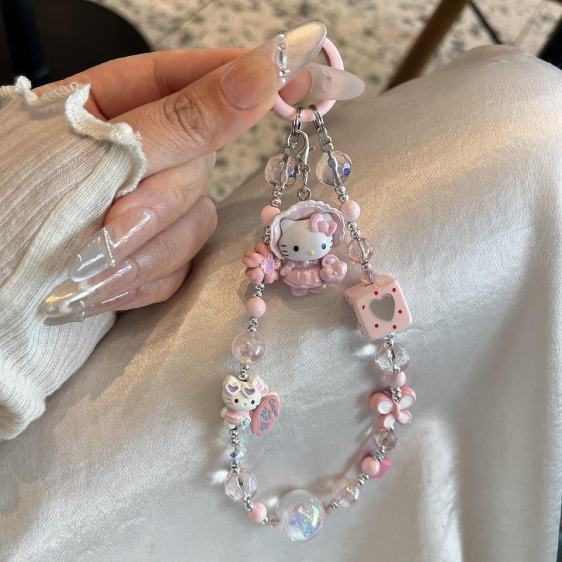 Lanier pentru telefon cu mărgele în formă de pisicuță și pandantiv CCD, șnur pentru încheietură, ornament pentru geantă — semi-manual, plastic/rășină, vara 2025